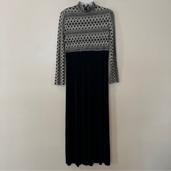 VTG Y2K Goth Witchy Sheer Sleeve‎ Full Length Dress 12 Black Off White Textured - Picture 1 of 15